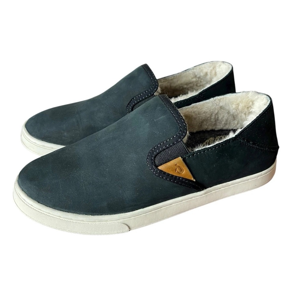 Olukai Pehuea Heu Black Suede Leather Slip On Sheep Lined Womens Size 6